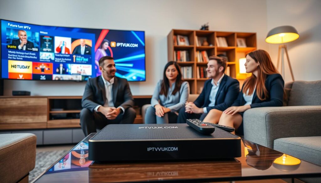 A modern living room setting showcasing IPTV services, with a sleek flat-screen TV displaying vibrant content. In the foreground, a diverse group of four professionals—two men and two women—are attentively discussing IPTV options while seated on a comfortable sofa. They are dressed in smart business attire. The middle of the image features a stylish coffee table adorned with a high-tech IPTV box branded "IPTVVUK.COM" and various streaming device remotes. In the background, a contemporary bookshelf filled with tech magazines and a digital display showcasing future IPTV features creates a refined atmosphere. Soft, warm lighting from a nearby floor lamp casts a welcoming glow, enhancing the mood of innovation and collaboration. The angle captures the scene from slightly above eye level, emphasizing the interaction and the technology at play. A modern living room setting showcasing IPTV services, with a sleek flat-screen TV displaying vibrant content. In the foreground, a diverse group of four professionals—two men and two women—are attentively discussing IPTV options while seated on a comfortable sofa. They are dressed in smart business attire. The middle of the image features a stylish coffee table adorned with a high-tech IPTV box branded "IPTVVUK.COM" and various streaming device remotes. In the background, a contemporary bookshelf filled with tech magazines and a digital display showcasing future IPTV features creates a refined atmosphere. Soft, warm lighting from a nearby floor lamp casts a welcoming glow, enhancing the mood of innovation and collaboration. The angle captures the scene from slightly above eye level, emphasizing the interaction and the technology at play.