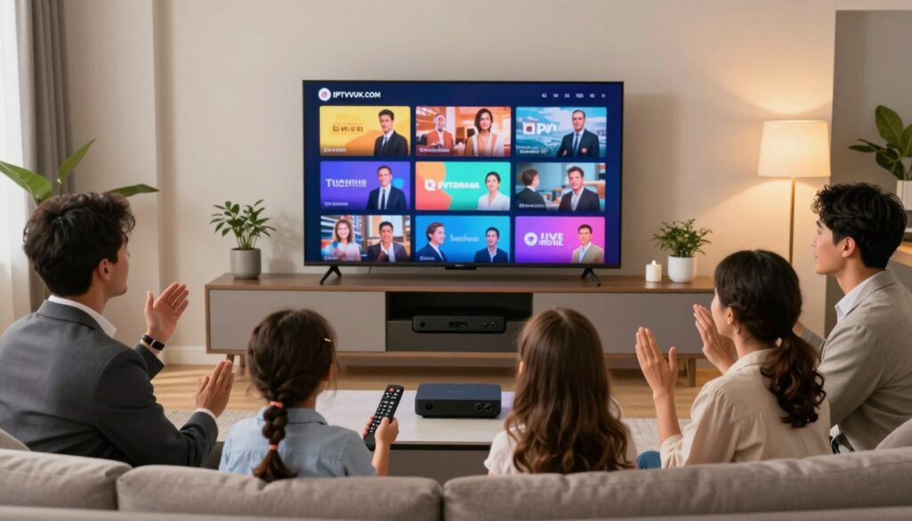 A modern living room setting showcasing a family gathering around a sleek, large television displaying vibrant IPTV streams. In the foreground, a diverse family—dressed in professional business attire—appears engaged and excited, with a remote control in hand. The middle ground features the television, with vivid, colorful streaming content visible, symbolizing various entertainment options. In the background, a stylish entertainment center with streaming devices, decorative plants, and ambient lighting creates a cozy atmosphere. Soft, warm lighting enhances the scene, and the image captures a sense of connection and modern technology. The brand logo "IPTVVUK.COM" subtly placed on the television screen, no text overlays. The overall mood is inviting, highlighting the shift from traditional cable to innovative IPTV solutions. A modern living room setting showcasing a family gathering around a sleek, large television displaying vibrant IPTV streams. In the foreground, a diverse family—dressed in professional business attire—appears engaged and excited, with a remote control in hand. The middle ground features the television, with vivid, colorful streaming content visible, symbolizing various entertainment options. In the background, a stylish entertainment center with streaming devices, decorative plants, and ambient lighting creates a cozy atmosphere. Soft, warm lighting enhances the scene, and the image captures a sense of connection and modern technology. The brand logo "IPTVVUK.COM" subtly placed on the television screen, no text overlays. The overall mood is inviting, highlighting the shift from traditional cable to innovative IPTV solutions.