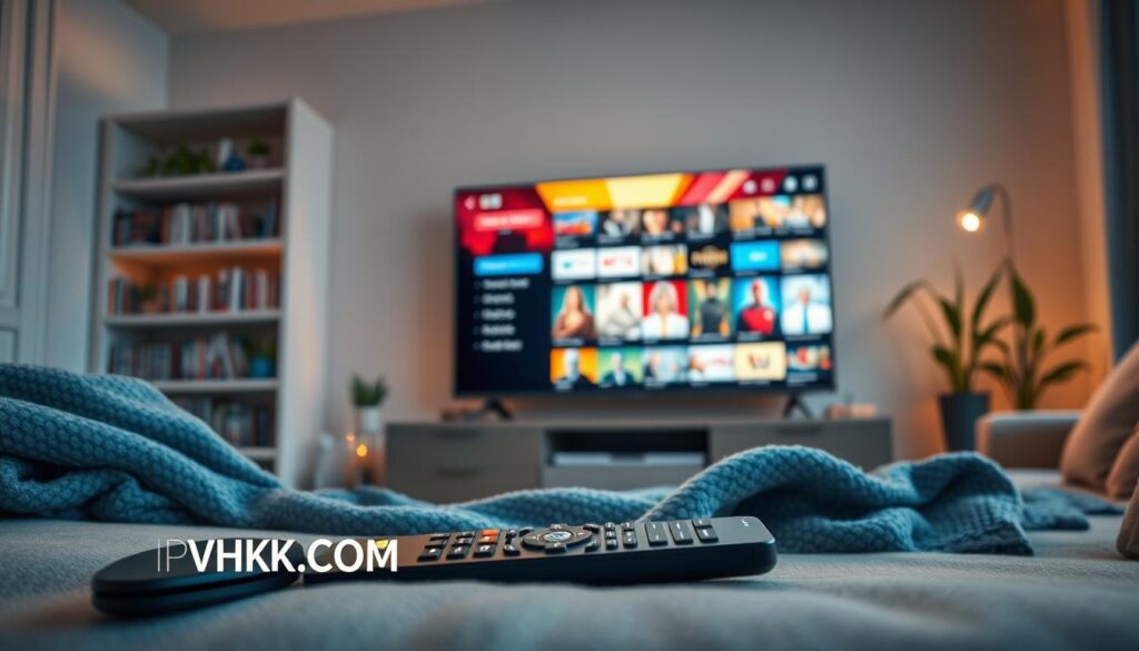A modern living room setting showcasing a high-definition television displaying vibrant streaming content, symbolizing IPTV quality. In the foreground, a sleek remote control and a cozy blanket are laid out. In the middle, the TV screen glows with a vivid streaming service interface, featuring colorful thumbnails of popular shows and movies. Ensure the room is well-lit with soft, warm ambient lighting that creates an inviting atmosphere. In the background, a stylish bookshelf filled with DVDs and decorative plants enhances the scene. The camera angle is slightly above eye level, capturing the essence of an engaging entertainment space. The mood is friendly and relaxed, ideal for enjoying quality streaming. Include the brand logo "IPTVVUK.COM" subtly integrated into the scene, ensuring it reflects the context of IPTV streaming without being obtrusive. A modern living room setting showcasing a high-definition television displaying vibrant streaming content, symbolizing IPTV quality. In the foreground, a sleek remote control and a cozy blanket are laid out. In the middle, the TV screen glows with a vivid streaming service interface, featuring colorful thumbnails of popular shows and movies. Ensure the room is well-lit with soft, warm ambient lighting that creates an inviting atmosphere. In the background, a stylish bookshelf filled with DVDs and decorative plants enhances the scene. The camera angle is slightly above eye level, capturing the essence of an engaging entertainment space. The mood is friendly and relaxed, ideal for enjoying quality streaming. Include the brand logo "IPTVVUK.COM" subtly integrated into the scene, ensuring it reflects the context of IPTV streaming without being obtrusive.