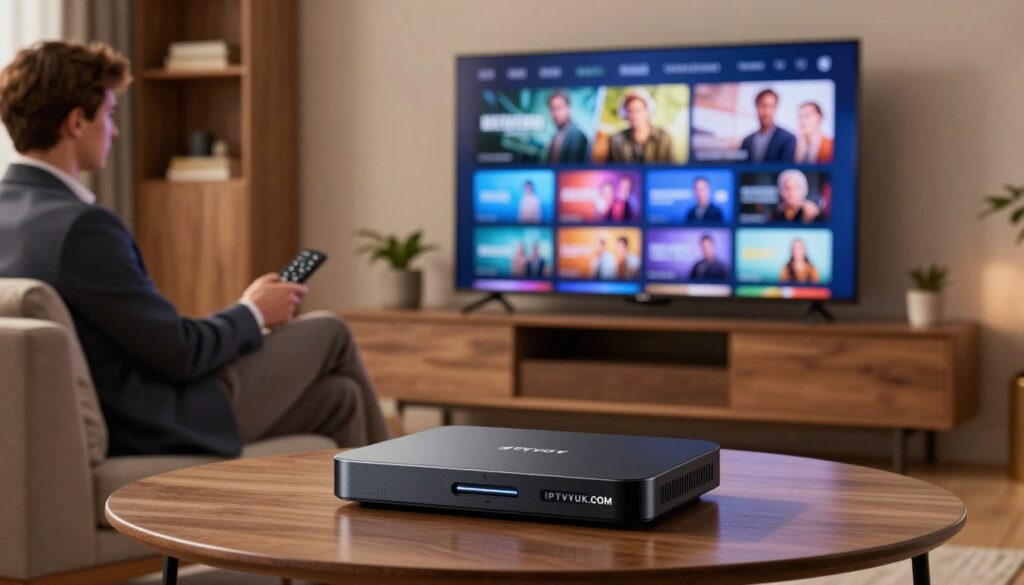 A modern living room setting showcasing a sleek IPTV player device, prominently displaying the brand "IPTVVUK.COM". In the foreground, a stylish coffee table with a high-resolution television screen in the background showing dynamic streaming visuals of popular TV shows and movies. The middle layer features a relaxed individual in professional business attire, attentively using a remote control, embodying a sense of comfort and ease. Soft, ambient lighting illuminates the space, enhancing the inviting atmosphere while casting gentle shadows. The background includes subtle decor elements like bookshelves and potted plants, adding a homely feel. The overall mood is calm and professional, emphasizing safe and enjoyable IPTV streaming experiences. A modern living room setting showcasing a sleek IPTV player device, prominently displaying the brand "IPTVVUK.COM". In the foreground, a stylish coffee table with a high-resolution television screen in the background showing dynamic streaming visuals of popular TV shows and movies. The middle layer features a relaxed individual in professional business attire, attentively using a remote control, embodying a sense of comfort and ease. Soft, ambient lighting illuminates the space, enhancing the inviting atmosphere while casting gentle shadows. The background includes subtle decor elements like bookshelves and potted plants, adding a homely feel. The overall mood is calm and professional, emphasizing safe and enjoyable IPTV streaming experiences.