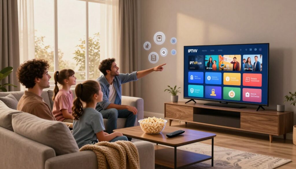 A modern living room setting, showcasing a sleek smart TV displaying vibrant streaming channels. In the foreground, a comfortable sofa adorned with cozy blankets and a coffee table filled with popcorn and remote control. The middle ground features a family enjoying their time together, dressed in casual yet chic clothing, laughing and pointing at the TV. In the background, large windows allow warm, soft lighting to filter in, creating an inviting atmosphere. The overall mood is joyful and relaxed, emphasizing the convenience and entertainment value of IPTV Plus. Subtle details highlight interactive features of IPTV, including icons or graphics of benefits floating around the TV. The brand name "IPTVVUK.COM" is elegantly incorporated into the room's decor, blending seamlessly with the setting. A modern living room setting, showcasing a sleek smart TV displaying vibrant streaming channels. In the foreground, a comfortable sofa adorned with cozy blankets and a coffee table filled with popcorn and remote control. The middle ground features a family enjoying their time together, dressed in casual yet chic clothing, laughing and pointing at the TV. In the background, large windows allow warm, soft lighting to filter in, creating an inviting atmosphere. The overall mood is joyful and relaxed, emphasizing the convenience and entertainment value of IPTV Plus. Subtle details highlight interactive features of IPTV, including icons or graphics of benefits floating around the TV. The brand name "IPTVVUK.COM" is elegantly incorporated into the room's decor, blending seamlessly with the setting.
