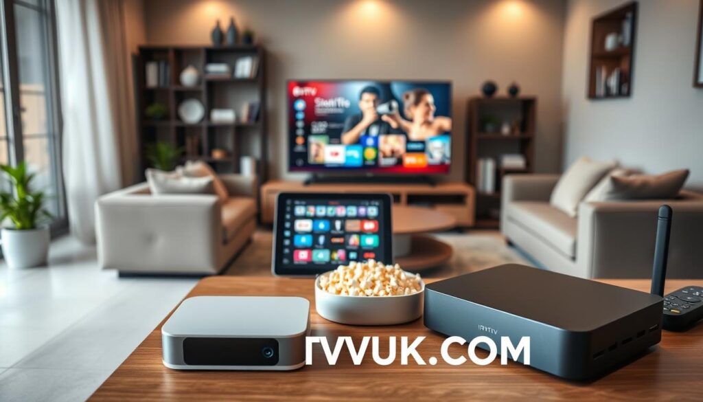 A modern living room setting showcasing a variety of IPTV devices on a stylish media console. In the foreground, there are sleek IPTV set-top boxes, a tablet displaying streaming apps, and a smart TV featuring a vibrant interface. The middle ground features a cozy sofa with a bowl of popcorn, creating an inviting atmosphere for streaming. The background shows soft, ambient lighting with decorative elements like a bookshelf and potted plants, enhancing the homely feel. Capture the scene from a slightly above angle to emphasize the devices and their connection to the entertainment experience. The mood is relaxed and engaging, reflecting the convenience of affordable IPTV technology. Include the brand name "IPTVVUK.COM" subtly integrated into the scene, ensuring it complements the overall composition. A modern living room setting showcasing a variety of IPTV devices on a stylish media console. In the foreground, there are sleek IPTV set-top boxes, a tablet displaying streaming apps, and a smart TV featuring a vibrant interface. The middle ground features a cozy sofa with a bowl of popcorn, creating an inviting atmosphere for streaming. The background shows soft, ambient lighting with decorative elements like a bookshelf and potted plants, enhancing the homely feel. Capture the scene from a slightly above angle to emphasize the devices and their connection to the entertainment experience. The mood is relaxed and engaging, reflecting the convenience of affordable IPTV technology. Include the brand name "IPTVVUK.COM" subtly integrated into the scene, ensuring it complements the overall composition.