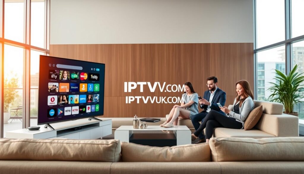 A modern living room setting showcasing advanced IPTV services. In the foreground, a sleek, ultra-high-definition TV displays a vibrant user interface featuring various streaming options, surrounded by a stylish entertainment unit. In the middle ground, a family is comfortably seated on a contemporary sofa, dressed in professional business attire, engaged in a lively discussion while using tablets and smartphones to browse IPTV content. The background features large windows allowing natural light to flood the room, creating a warm and inviting atmosphere. The overall mood conveys innovation and connection, symbolizing the latest technological advancements in IPTV services. The logo "IPTVVUK.COM" subtly integrated into the TV screen design adds a touch of branding amidst the sophisticated environment. A modern living room setting showcasing advanced IPTV services. In the foreground, a sleek, ultra-high-definition TV displays a vibrant user interface featuring various streaming options, surrounded by a stylish entertainment unit. In the middle ground, a family is comfortably seated on a contemporary sofa, dressed in professional business attire, engaged in a lively discussion while using tablets and smartphones to browse IPTV content. The background features large windows allowing natural light to flood the room, creating a warm and inviting atmosphere. The overall mood conveys innovation and connection, symbolizing the latest technological advancements in IPTV services. The logo "IPTVVUK.COM" subtly integrated into the TV screen design adds a touch of branding amidst the sophisticated environment.