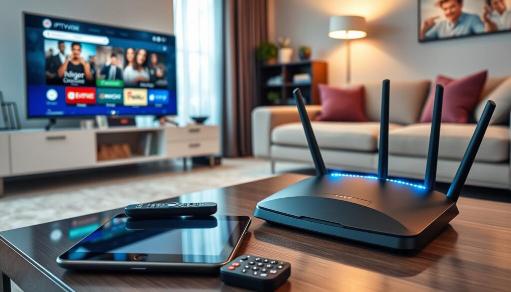 A modern living room setting showcasing various IPTV devices compatible with the IPTVVUK.COM service. In the foreground, a sleek smart TV displays colorful streaming options, while a tablet and smartphone rest on a stylish coffee table, highlighting ease of access. In the middle ground, a wireless router with blinking lights emphasizes connectivity, alongside a remote control strategically placed. The background features cozy furniture with soft lighting, creating an inviting atmosphere, and a window with natural light filtering in adds warmth. The scene is captured with a wide-angle lens to enhance depth, aiming for a professional look that inspires trust in technology and connectivity. A modern living room setting showcasing various IPTV devices compatible with the IPTVVUK.COM service. In the foreground, a sleek smart TV displays colorful streaming options, while a tablet and smartphone rest on a stylish coffee table, highlighting ease of access. In the middle ground, a wireless router with blinking lights emphasizes connectivity, alongside a remote control strategically placed. The background features cozy furniture with soft lighting, creating an inviting atmosphere, and a window with natural light filtering in adds warmth. The scene is captured with a wide-angle lens to enhance depth, aiming for a professional look that inspires trust in technology and connectivity.