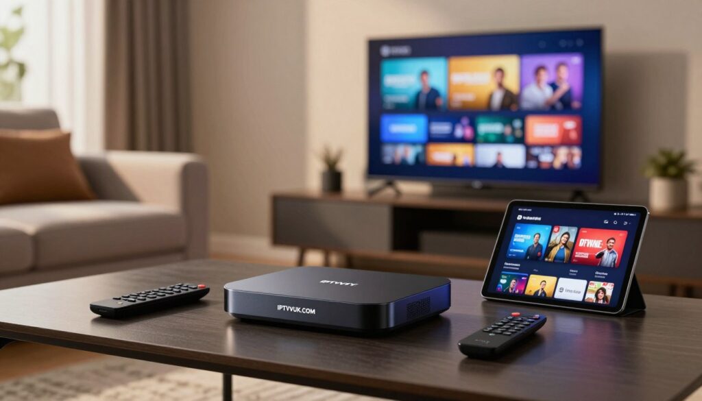 A modern living room setting showcasing various IPTV devices on a sleek coffee table. In the foreground, a high-definition streaming box with the logo "IPTVVUK.COM" prominently displayed, alongside a remote control and a tablet featuring a vibrant streaming interface. In the middle ground, a stylish flat-screen TV mounted on the wall, displaying colorful images of popular streaming channels. The background features a cozy sofa and ambient lighting, creating a warm, inviting atmosphere. Soft focus on the room enhances the devices as the central point of interest. Use natural daylight filtering through a window, casting gentle shadows, to evoke a sense of comfort and modern technology. A modern living room setting showcasing various IPTV devices on a sleek coffee table. In the foreground, a high-definition streaming box with the logo "IPTVVUK.COM" prominently displayed, alongside a remote control and a tablet featuring a vibrant streaming interface. In the middle ground, a stylish flat-screen TV mounted on the wall, displaying colorful images of popular streaming channels. The background features a cozy sofa and ambient lighting, creating a warm, inviting atmosphere. Soft focus on the room enhances the devices as the central point of interest. Use natural daylight filtering through a window, casting gentle shadows, to evoke a sense of comfort and modern technology.