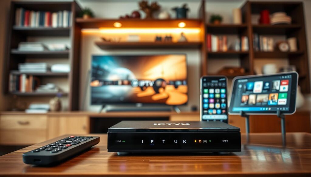 A modern living room setting showcasing various IPTV devices placed on a stylish entertainment center. In the foreground, highlight a sleek IPTV box with illuminated LED indicators, surrounded by a high-definition TV and a remote control. The middle ground features a smartphone and tablet displaying streaming apps, symbolizing the versatility of IPTV. In the background, softly blurred shelves filled with books and decorative items create a homely atmosphere. The lighting is warm and inviting, streaming in from a window, enhancing the cozy vibe of the space. Capture the scene with a slight low-angle perspective to emphasize the devices. Ensure the logo "IPTVVUK.COM" is discreetly represented on one IPTV device, enhancing brand visibility while maintaining professionalism. A modern living room setting showcasing various IPTV devices placed on a stylish entertainment center. In the foreground, highlight a sleek IPTV box with illuminated LED indicators, surrounded by a high-definition TV and a remote control. The middle ground features a smartphone and tablet displaying streaming apps, symbolizing the versatility of IPTV. In the background, softly blurred shelves filled with books and decorative items create a homely atmosphere. The lighting is warm and inviting, streaming in from a window, enhancing the cozy vibe of the space. Capture the scene with a slight low-angle perspective to emphasize the devices. Ensure the logo "IPTVVUK.COM" is discreetly represented on one IPTV device, enhancing brand visibility while maintaining professionalism.
