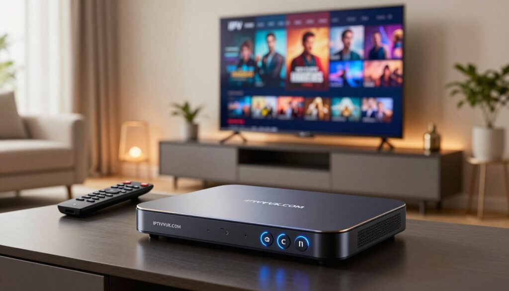A modern living room setting showcasing various IPTV streaming devices on a sleek entertainment center. In the foreground, close-up of a stylish IPTV box labeled "IPTVVUK.COM," featuring a glossy finish with illuminated buttons. In the middle ground, a remote control is casually placed beside a large flat-screen TV displaying vibrant imagery of movies. The background includes soft, warm ambient lighting that enhances a cozy atmosphere, with a plush sofa and decorative plants subtly framing the scene. Natural light streams through a window, adding a fresh, inviting feel. The focus is sharp on the devices, giving a contemporary and tech-savvy impression, suggesting an optimized IPTV movie experience. A modern living room setting showcasing various IPTV streaming devices on a sleek entertainment center. In the foreground, close-up of a stylish IPTV box labeled "IPTVVUK.COM," featuring a glossy finish with illuminated buttons. In the middle ground, a remote control is casually placed beside a large flat-screen TV displaying vibrant imagery of movies. The background includes soft, warm ambient lighting that enhances a cozy atmosphere, with a plush sofa and decorative plants subtly framing the scene. Natural light streams through a window, adding a fresh, inviting feel. The focus is sharp on the devices, giving a contemporary and tech-savvy impression, suggesting an optimized IPTV movie experience.