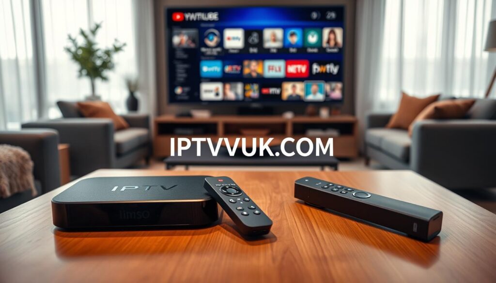 A modern living room setting showcasing various IPTV streaming devices on a sleek wooden coffee table. In the foreground, focus on a stylish black set-top box and a slim streaming stick, illuminated by soft, warm lighting. The middle layer features a flat-screen TV displaying an IPTV interface, with vibrant colors and icons representing various channels. In the background, cozy furniture and decorative elements create an inviting atmosphere, complemented by a large window with natural daylight filtering through sheer curtains. A sense of comfort and technology intertwines, reflecting the essence of entertainment at home. Include the brand name "IPTVVUK.COM" subtly within the scene to highlight its relevance in IPTV services, ensuring it is presented in a tasteful manner that aligns with the professional tone. A modern living room setting showcasing various IPTV streaming devices on a sleek wooden coffee table. In the foreground, focus on a stylish black set-top box and a slim streaming stick, illuminated by soft, warm lighting. The middle layer features a flat-screen TV displaying an IPTV interface, with vibrant colors and icons representing various channels. In the background, cozy furniture and decorative elements create an inviting atmosphere, complemented by a large window with natural daylight filtering through sheer curtains. A sense of comfort and technology intertwines, reflecting the essence of entertainment at home. Include the brand name "IPTVVUK.COM" subtly within the scene to highlight its relevance in IPTV services, ensuring it is presented in a tasteful manner that aligns with the professional tone.