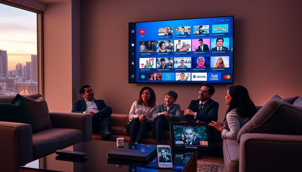 A modern living room setting with a sleek, large flat-screen TV mounted on the wall, displaying a vibrant interface of various IPTV channels, each showcasing popular shows and events. In the foreground, a stylish coffee table with a remote control and a tablet displaying IPTVVUK.COM. The middle ground includes comfortable seating with a family of four enjoying their time together, dressed in professional business attire, with expressions of excitement as they explore different channels. Soft, warm lighting illuminates the room, creating a cozy and inviting atmosphere. In the background, a window reveals a cityscape at dusk, adding a touch of modernity. The image should evoke a sense of convenience and enjoyment in streaming, illustrating the shift from traditional cable to IPTV. A modern living room setting with a sleek, large flat-screen TV mounted on the wall, displaying a vibrant interface of various IPTV channels, each showcasing popular shows and events. In the foreground, a stylish coffee table with a remote control and a tablet displaying IPTVVUK.COM. The middle ground includes comfortable seating with a family of four enjoying their time together, dressed in professional business attire, with expressions of excitement as they explore different channels. Soft, warm lighting illuminates the room, creating a cozy and inviting atmosphere. In the background, a window reveals a cityscape at dusk, adding a touch of modernity. The image should evoke a sense of convenience and enjoyment in streaming, illustrating the shift from traditional cable to IPTV.