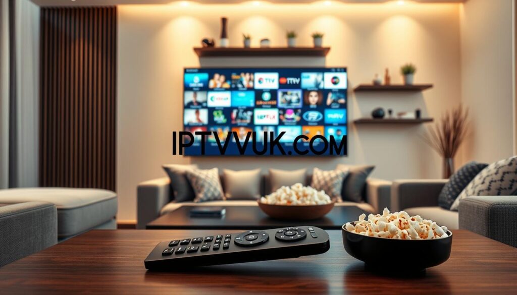 A modern living room setting with an elegant flat-screen TV displaying various IPTV channels. In the foreground, a sleek remote control rests on a stylish coffee table, alongside a bowl of popcorn, creating a cozy atmosphere. In the middle, a comfortable sofa occupies the space, adorned with decorative cushions. Soft, warm lighting fills the room, casting a gentle glow that evokes a relaxing mood. The background features a wall-mounted shelf with a few decorative items and plants, accentuating a stylish interior. The overall tone of the image should suggest comfort and modernity, appealing to viewers seeking reliable IPTV options. Include the brand name "IPTVVUK.COM" subtly integrated into the TV display, ensuring it remains a focal point without any text overlays. A modern living room setting with an elegant flat-screen TV displaying various IPTV channels. In the foreground, a sleek remote control rests on a stylish coffee table, alongside a bowl of popcorn, creating a cozy atmosphere. In the middle, a comfortable sofa occupies the space, adorned with decorative cushions. Soft, warm lighting fills the room, casting a gentle glow that evokes a relaxing mood. The background features a wall-mounted shelf with a few decorative items and plants, accentuating a stylish interior. The overall tone of the image should suggest comfort and modernity, appealing to viewers seeking reliable IPTV options. Include the brand name "IPTVVUK.COM" subtly integrated into the TV display, ensuring it remains a focal point without any text overlays.