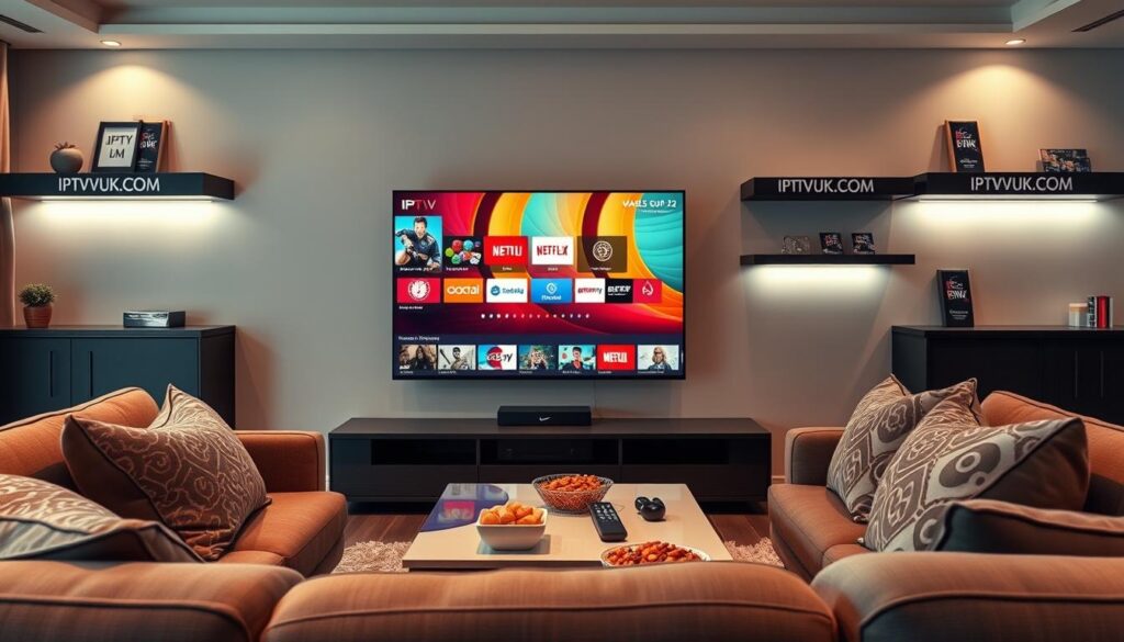 A modern living room setup, featuring a sleek flat-screen TV displaying a vibrant IPTV streaming interface on the screen, showcasing various channels and streaming options. In the foreground, a cozy sofa with decorative pillows, allowing for a relaxed viewing experience. In the middle, a stylish coffee table with snacks and a remote control, emphasizing the casual at-home experience for cord-cutters. The background should have soft ambient lighting, creating a warm and inviting atmosphere, with shelves displaying the brand "IPTVVUK.COM" subtly integrated into the decor. The room's aesthetics are contemporary with a touch of minimalism. Use a wide-angle lens to capture the entire setting, evoking a sense of comfort and accessibility. The overall mood is relaxed and tech-savvy, perfect for illustrating the theme of reliable IPTV hosting for viewers. A modern living room setup, featuring a sleek flat-screen TV displaying a vibrant IPTV streaming interface on the screen, showcasing various channels and streaming options. In the foreground, a cozy sofa with decorative pillows, allowing for a relaxed viewing experience. In the middle, a stylish coffee table with snacks and a remote control, emphasizing the casual at-home experience for cord-cutters. The background should have soft ambient lighting, creating a warm and inviting atmosphere, with shelves displaying the brand "IPTVVUK.COM" subtly integrated into the decor. The room's aesthetics are contemporary with a touch of minimalism. Use a wide-angle lens to capture the entire setting, evoking a sense of comfort and accessibility. The overall mood is relaxed and tech-savvy, perfect for illustrating the theme of reliable IPTV hosting for viewers.