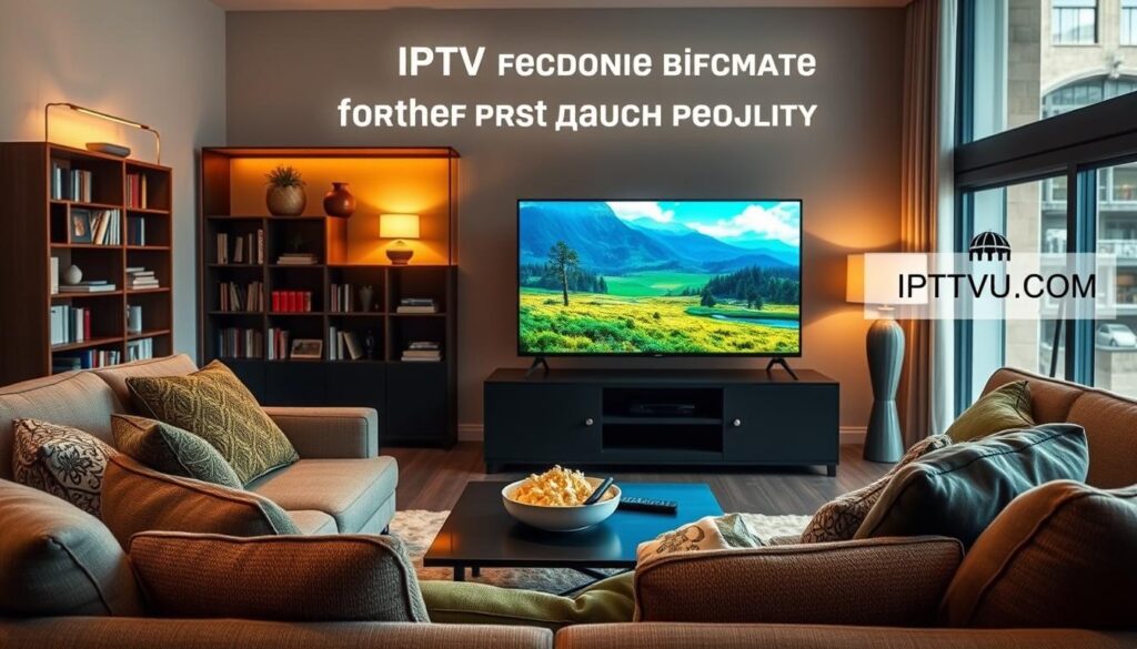 A modern living room setup showcasing IPTV streaming quality. In the foreground, a sleek flat-screen television displays vibrant, high-definition images of nature scenes, emphasizing clarity and detail. A cozy couch, adorned with decorative cushions, invites viewers to relax. In the middle, a stylish coffee table holds a remote control and a bowl of popcorn, creating a casual viewing atmosphere. The background features a tasteful bookshelf filled with entertainment options, and soft lighting from stylish lamps enhances the inviting mood. The scene should evoke a sense of comfort and modern technology. Include a discreet brand logo in the corner: “IPTVVUK.COM.” Use a warm color palette and natural light filtering through large windows to establish a welcoming ambiance. A modern living room setup showcasing IPTV streaming quality. In the foreground, a sleek flat-screen television displays vibrant, high-definition images of nature scenes, emphasizing clarity and detail. A cozy couch, adorned with decorative cushions, invites viewers to relax. In the middle, a stylish coffee table holds a remote control and a bowl of popcorn, creating a casual viewing atmosphere. The background features a tasteful bookshelf filled with entertainment options, and soft lighting from stylish lamps enhances the inviting mood. The scene should evoke a sense of comfort and modern technology. Include a discreet brand logo in the corner: “IPTVVUK.COM.” Use a warm color palette and natural light filtering through large windows to establish a welcoming ambiance.