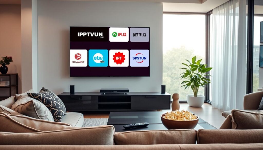 A modern living room setup, showcasing a sleek flat-screen television displaying various IPTV channel logos, including "IPTVVUK.COM". In the foreground, a cozy sofa adorned with decorative cushions invites viewers in. The middle ground features a stylish coffee table with a remote control and a bowl of popcorn, emphasizing a relaxed viewing atmosphere. In the background, a large window lets in soft, natural light, casting a warm glow throughout the room. The decor reflects a contemporary aesthetic with minimalist furnishings and subtle colors, creating an inviting and tranquil mood. The image captures the essence of home entertainment, appealing to cord-cutters looking for the best IPTV services. A modern living room setup, showcasing a sleek flat-screen television displaying various IPTV channel logos, including "IPTVVUK.COM". In the foreground, a cozy sofa adorned with decorative cushions invites viewers in. The middle ground features a stylish coffee table with a remote control and a bowl of popcorn, emphasizing a relaxed viewing atmosphere. In the background, a large window lets in soft, natural light, casting a warm glow throughout the room. The decor reflects a contemporary aesthetic with minimalist furnishings and subtle colors, creating an inviting and tranquil mood. The image captures the essence of home entertainment, appealing to cord-cutters looking for the best IPTV services.