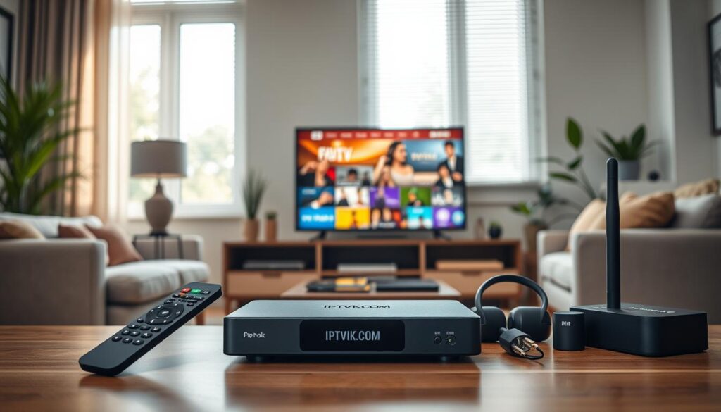 A modern living room setup showcasing various IPTV devices compatible with premium streaming services. In the foreground, a sleek IPTV device prominently displays the brand name "IPTVVUK.COM," surrounded by a remote control and digital streaming accessories. The middle layer contains a flat-screen TV showing vibrant images of popular streaming content, indicating high-quality performance. Soft, natural lighting streams through window blinds, creating a warm and inviting atmosphere. The background features a comfortable sofa with tasteful decor and potted plants, emphasizing a cozy home environment. The image captures a sense of technological efficiency and modern entertainment, reflecting the key features of premium IPTV service. A modern living room setup showcasing various IPTV devices compatible with premium streaming services. In the foreground, a sleek IPTV device prominently displays the brand name "IPTVVUK.COM," surrounded by a remote control and digital streaming accessories. The middle layer contains a flat-screen TV showing vibrant images of popular streaming content, indicating high-quality performance. Soft, natural lighting streams through window blinds, creating a warm and inviting atmosphere. The background features a comfortable sofa with tasteful decor and potted plants, emphasizing a cozy home environment. The image captures a sense of technological efficiency and modern entertainment, reflecting the key features of premium IPTV service.