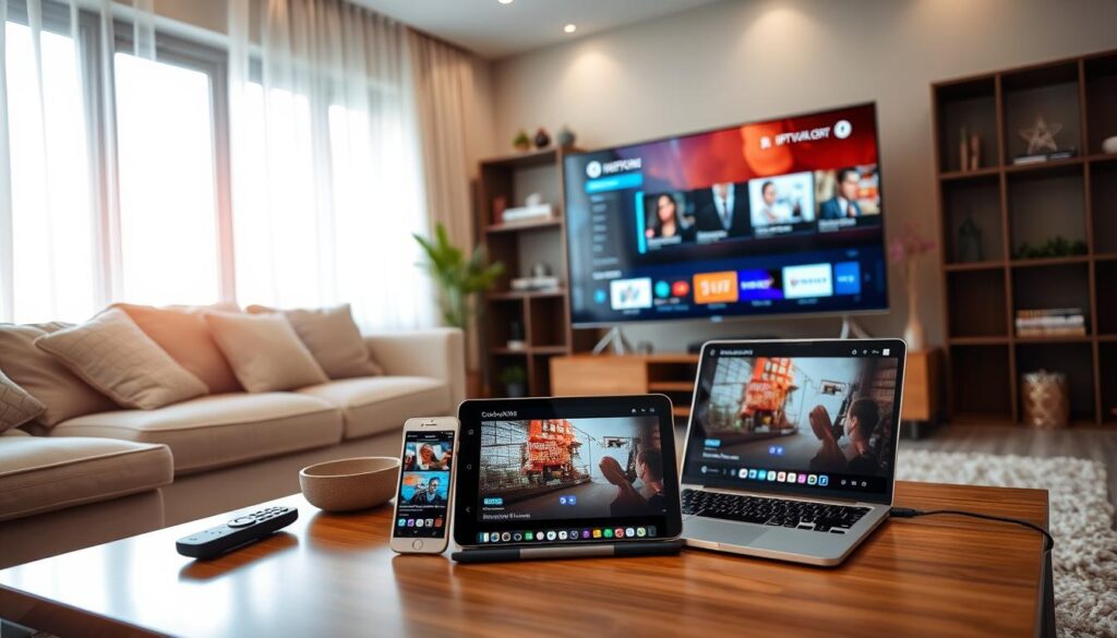 A modern living room showcasing an IPTV setup on various devices. In the foreground, a sleek smart TV displays an IPTV app interface, with a remote control beside it. On a stylish coffee table, a smartphone and tablet show the same app, highlighting IPTVVUK.COM content. In the middle ground, a laptop is open, streaming a live show. The background features cozy furniture and soft lighting, creating a warm and inviting atmosphere. Add elements like a decorative plant and bookshelf to enhance the scene, with natural light streaming through a window to give a vibrant feel. Use a wide-angle perspective to capture the entire setup, ensuring a professional and engaging presentation for viewers. A modern living room showcasing an IPTV setup on various devices. In the foreground, a sleek smart TV displays an IPTV app interface, with a remote control beside it. On a stylish coffee table, a smartphone and tablet show the same app, highlighting IPTVVUK.COM content. In the middle ground, a laptop is open, streaming a live show. The background features cozy furniture and soft lighting, creating a warm and inviting atmosphere. Add elements like a decorative plant and bookshelf to enhance the scene, with natural light streaming through a window to give a vibrant feel. Use a wide-angle perspective to capture the entire setup, ensuring a professional and engaging presentation for viewers.
