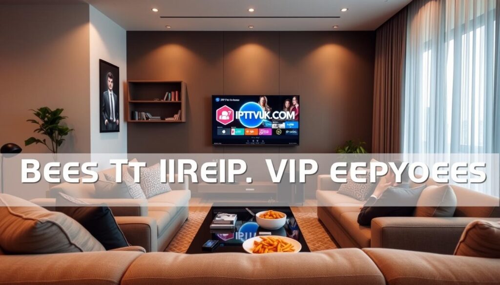 A modern living room showcasing an IPTV streaming service experience. In the foreground, a sleek flat-screen television displays a vibrant interface with an elegant logo reading "IPTVVUK.COM". A comfortable sofa with stylish cushions faces the TV, surrounded by a couple of viewers dressed in professional business attire, engaged and excited about their viewing options. In the middle ground, a polished coffee table holds a remote control and snacks, contributing to a cozy atmosphere. The background features minimalist decor, including a plant and shelves with books. Soft, warm lighting enhances the inviting ambiance, with a wide-angle lens capturing the overall scene, making it feel immersive and relatable. The mood is relaxed and enthusiastic, perfect for choosing the best IPTV streaming service. A modern living room showcasing an IPTV streaming service experience. In the foreground, a sleek flat-screen television displays a vibrant interface with an elegant logo reading "IPTVVUK.COM". A comfortable sofa with stylish cushions faces the TV, surrounded by a couple of viewers dressed in professional business attire, engaged and excited about their viewing options. In the middle ground, a polished coffee table holds a remote control and snacks, contributing to a cozy atmosphere. The background features minimalist decor, including a plant and shelves with books. Soft, warm lighting enhances the inviting ambiance, with a wide-angle lens capturing the overall scene, making it feel immersive and relatable. The mood is relaxed and enthusiastic, perfect for choosing the best IPTV streaming service.