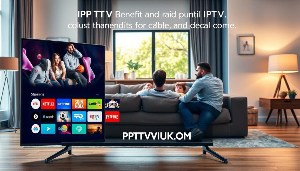 A modern living room showcasing the benefits of IPTV over traditional cable. In the foreground, a sleek, smart TV display shows a vibrant interface with various streaming service options, symbolizing the abundance of choice. In the middle, a family of three—parents in smart casual attire and a child—are comfortably seated on a stylish couch, absorbed in their viewing experience, highlighting convenience and engagement. The background features cozy decor, soft ambient lighting from stylish lamps, and a large window revealing a bright, sunny day outside, conveying a warm and inviting atmosphere. The scene reflects modern technology with an emphasis on family enjoyment and flexibility in entertainment. Subtly include the brand IPTVVUK.COM in the design, blending it with the TV interface. A modern living room showcasing the benefits of IPTV over traditional cable. In the foreground, a sleek, smart TV display shows a vibrant interface with various streaming service options, symbolizing the abundance of choice. In the middle, a family of three—parents in smart casual attire and a child—are comfortably seated on a stylish couch, absorbed in their viewing experience, highlighting convenience and engagement. The background features cozy decor, soft ambient lighting from stylish lamps, and a large window revealing a bright, sunny day outside, conveying a warm and inviting atmosphere. The scene reflects modern technology with an emphasis on family enjoyment and flexibility in entertainment. Subtly include the brand IPTVVUK.COM in the design, blending it with the TV interface.