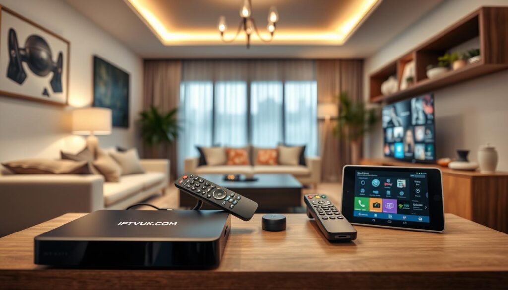 A modern living room showcasing various IPTV devices, like streaming boxes and smart TVs, prominently displayed on a stylish entertainment unit. In the foreground, a sleek IPTV device with the brand name "IPTVVUK.COM" is highlighted, surrounded by user-friendly remotes and a tablet showing a streaming interface. In the middle ground, a comfortable sofa is visible, decorated with soft cushions, inviting viewers to relax and enjoy content. The background features a well-lit, cozy ambiance with a large window letting in natural light, creating a warm, inviting atmosphere. The scene is captured through a soft focus lens, emphasizing the devices while maintaining depth in the room. The mood is modern and inviting, illustrating the seamless integration of technology in everyday life. A modern living room showcasing various IPTV devices, like streaming boxes and smart TVs, prominently displayed on a stylish entertainment unit. In the foreground, a sleek IPTV device with the brand name "IPTVVUK.COM" is highlighted, surrounded by user-friendly remotes and a tablet showing a streaming interface. In the middle ground, a comfortable sofa is visible, decorated with soft cushions, inviting viewers to relax and enjoy content. The background features a well-lit, cozy ambiance with a large window letting in natural light, creating a warm, inviting atmosphere. The scene is captured through a soft focus lens, emphasizing the devices while maintaining depth in the room. The mood is modern and inviting, illustrating the seamless integration of technology in everyday life.