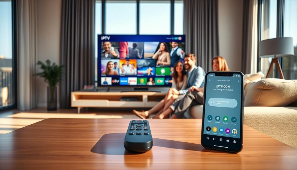 A modern living room with a high-definition TV displaying vibrant IPTV streaming content, showcasing a seamless user interface. In the foreground, a sleek coffee table holds a remote control and a smartphone displaying the IPTVVUK.COM app. The middle ground features a comfortable couch with family members watching TV in professional business attire, smiling and engaged. In the background, large windows allow natural sunlight to filter in, creating a warm, inviting atmosphere. Soft shadows enhance the sense of depth, with the image captured from a low angle, emphasizing the stunning visuals on the screen. The mood is cheerful and tech-savvy, reflecting the convenience and quality of IPTV streaming services. A modern living room with a high-definition TV displaying vibrant IPTV streaming content, showcasing a seamless user interface. In the foreground, a sleek coffee table holds a remote control and a smartphone displaying the IPTVVUK.COM app. The middle ground features a comfortable couch with family members watching TV in professional business attire, smiling and engaged. In the background, large windows allow natural sunlight to filter in, creating a warm, inviting atmosphere. Soft shadows enhance the sense of depth, with the image captured from a low angle, emphasizing the stunning visuals on the screen. The mood is cheerful and tech-savvy, reflecting the convenience and quality of IPTV streaming services.