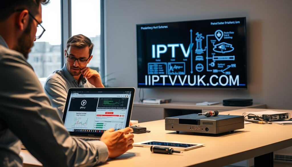 A modern office environment focused on IPTV troubleshooting. In the foreground, a professional technician wearing smart casual clothing, attentively examining a laptop with diagnostic software open, showcasing graphs and error codes related to IPTV issues. In the middle, a wall-mounted TV displaying a buffering icon and various network diagrams, while an IPTV device sits on a sleek desk cluttered with tools and manuals. The background features a large window with natural light streaming in, casting soft shadows, creating an inviting yet focused atmosphere. The overall mood is professional and engaging, reflecting the complexities of troubleshooting IPTV link problems. The brand name "IPTVVUK.COM" is subtly incorporated into a digital screen in the background, enhancing the tech-savvy theme. A modern office environment focused on IPTV troubleshooting. In the foreground, a professional technician wearing smart casual clothing, attentively examining a laptop with diagnostic software open, showcasing graphs and error codes related to IPTV issues. In the middle, a wall-mounted TV displaying a buffering icon and various network diagrams, while an IPTV device sits on a sleek desk cluttered with tools and manuals. The background features a large window with natural light streaming in, casting soft shadows, creating an inviting yet focused atmosphere. The overall mood is professional and engaging, reflecting the complexities of troubleshooting IPTV link problems. The brand name "IPTVVUK.COM" is subtly incorporated into a digital screen in the background, enhancing the tech-savvy theme.