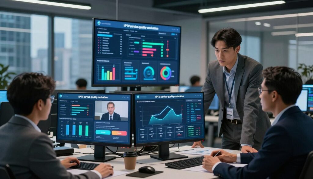 A modern office environment illustrating "IPTV service quality evaluation," featuring a sleek desktop with multiple screens displaying IPTV performance metrics such as connection stability, streaming speed, and customer satisfaction ratings. In the foreground, a diverse group of professionals in business attire are engaged in discussion, analyzing data together, conveying teamwork and technology. The middle section reveals a large wall monitor displaying dynamic graphs and charts, glowing with bright, inviting colors. Background elements include a window view of a bustling cityscape, reflecting a high-tech ambiance. The lighting is soft yet focused, highlighting the screens and the professionals’ expressions. The overall atmosphere is one of innovation, efficiency, and collaboration, while incorporating the brand "IPTVVUK.COM" subtly into the design of one of the screens. A modern office environment illustrating "IPTV service quality evaluation," featuring a sleek desktop with multiple screens displaying IPTV performance metrics such as connection stability, streaming speed, and customer satisfaction ratings. In the foreground, a diverse group of professionals in business attire are engaged in discussion, analyzing data together, conveying teamwork and technology. The middle section reveals a large wall monitor displaying dynamic graphs and charts, glowing with bright, inviting colors. Background elements include a window view of a bustling cityscape, reflecting a high-tech ambiance. The lighting is soft yet focused, highlighting the screens and the professionals’ expressions. The overall atmosphere is one of innovation, efficiency, and collaboration, while incorporating the brand "IPTVVUK.COM" subtly into the design of one of the screens.