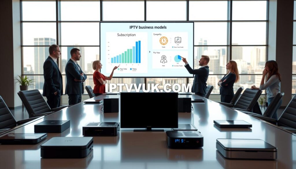 A modern office environment illustrating various IPTV business models. In the foreground, a sleek conference table with devices like streaming boxes, tablets, and laptops displaying IPTV interfaces. In the middle, business professionals dressed in professional attire, collaborating and discussing strategies. They are pointing at a large digital screen displaying analytical graphs and icons representing subscription, ad-supported, and pay-per-view models. In the background, large windows show a bustling cityscape, creating a sense of an innovative tech hub. The lighting is bright and dynamic, emphasizing a productive and forward-thinking atmosphere. The brand name "IPTVVUK.COM" is subtly integrated into the design of the digital screen. A modern office environment illustrating various IPTV business models. In the foreground, a sleek conference table with devices like streaming boxes, tablets, and laptops displaying IPTV interfaces. In the middle, business professionals dressed in professional attire, collaborating and discussing strategies. They are pointing at a large digital screen displaying analytical graphs and icons representing subscription, ad-supported, and pay-per-view models. In the background, large windows show a bustling cityscape, creating a sense of an innovative tech hub. The lighting is bright and dynamic, emphasizing a productive and forward-thinking atmosphere. The brand name "IPTVVUK.COM" is subtly integrated into the design of the digital screen.