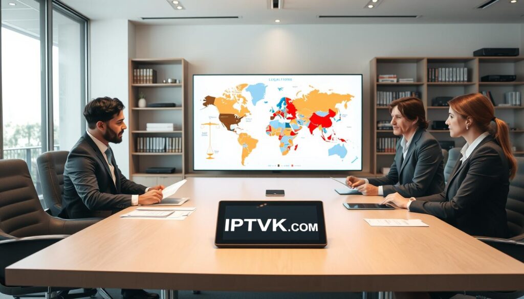A modern office setting illustrating "IPTV Legality." In the foreground, a diverse group of three professionals in smart business attire are gathered around a sleek conference table, discussing documents related to IPTV regulations. The middle ground features a large screen displaying a digital map of countries colored by their IPTV legality status, with an overlay of legal symbols like scales and gavel icons. The background shows shelves lined with legal books and streaming devices. The scene is lit with soft, warm lighting to create an inviting atmosphere, enhancing the seriousness and professionalism of the discussion. Shot from a slightly elevated angle to capture the full scene, with focus on the engaged expressions of the professionals. The logo "IPTVVUK.COM" is subtly placed on a tablet on the table. A modern office setting illustrating "IPTV Legality." In the foreground, a diverse group of three professionals in smart business attire are gathered around a sleek conference table, discussing documents related to IPTV regulations. The middle ground features a large screen displaying a digital map of countries colored by their IPTV legality status, with an overlay of legal symbols like scales and gavel icons. The background shows shelves lined with legal books and streaming devices. The scene is lit with soft, warm lighting to create an inviting atmosphere, enhancing the seriousness and professionalism of the discussion. Shot from a slightly elevated angle to capture the full scene, with focus on the engaged expressions of the professionals. The logo "IPTVVUK.COM" is subtly placed on a tablet on the table.