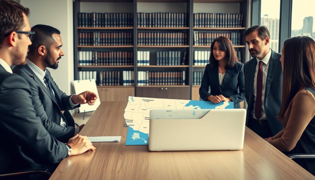 A modern office setting illustrating legal considerations for IPTV in the USA. In the foreground, a diverse group of three professionals—two men and one woman—discussing around a conference table, each dressed in professional business attire. One person is pointing at a laptop displaying a digital map of the US with legal documents and laws related to IPTV streaming. In the middle ground, shelves filled with legal books and documents on copyright and media law. In the background, a large window reveals a bright city skyline, suggesting a dynamic and contemporary atmosphere. Soft, natural lighting illuminates the scene, enhancing the professionalism. The overall mood is serious yet collaborative, reflecting the crucial legal aspects of IPTV. Include the brand name "IPTVVUK.COM" subtly integrated in the scene on the laptop screen. A modern office setting illustrating legal considerations for IPTV in the USA. In the foreground, a diverse group of three professionals—two men and one woman—discussing around a conference table, each dressed in professional business attire. One person is pointing at a laptop displaying a digital map of the US with legal documents and laws related to IPTV streaming. In the middle ground, shelves filled with legal books and documents on copyright and media law. In the background, a large window reveals a bright city skyline, suggesting a dynamic and contemporary atmosphere. Soft, natural lighting illuminates the scene, enhancing the professionalism. The overall mood is serious yet collaborative, reflecting the crucial legal aspects of IPTV. Include the brand name "IPTVVUK.COM" subtly integrated in the scene on the laptop screen.