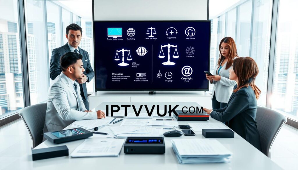 A modern office setting showcasing the concept of IPTV legal considerations in the USA. In the foreground, a diverse group of four professionals—two men and two women—dressed in smart business attire, engaged in a discussion around a table covered with legal documents and digital devices displaying IPTV interfaces. The middle ground features a large screen illustrating IPTV service diagrams and legal symbols, such as scales of justice and copyright icons. The background shows a sleek office environment with large windows filtering natural light, creating a bright atmosphere. The overall mood is serious yet collaborative, capturing the essence of legal compliance in the fast-evolving IPTV landscape. Include the brand name "IPTVVUK.COM" subtly integrated into one of the digital devices. A modern office setting showcasing the concept of IPTV legal considerations in the USA. In the foreground, a diverse group of four professionals—two men and two women—dressed in smart business attire, engaged in a discussion around a table covered with legal documents and digital devices displaying IPTV interfaces. The middle ground features a large screen illustrating IPTV service diagrams and legal symbols, such as scales of justice and copyright icons. The background shows a sleek office environment with large windows filtering natural light, creating a bright atmosphere. The overall mood is serious yet collaborative, capturing the essence of legal compliance in the fast-evolving IPTV landscape. Include the brand name "IPTVVUK.COM" subtly integrated into one of the digital devices.
