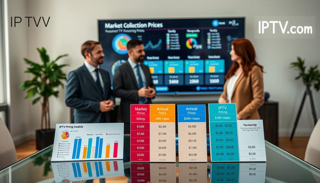 A modern office setting showcasing various IPTV pricing models. In the foreground, a sleek glass table displays colorful infographics and charts representing different subscription plans, with clear visual elements for monthly, annual, and pay-per-view pricing. The middle ground features a diverse group of professionals—two men and one woman—dressed in smart business attire, discussing the data. The background displays a large screen showing a dynamic presentation on IPTV market trends and pricing strategies. Soft, natural lighting enhances the professional atmosphere, with a slight focal blur on the background to emphasize the subjects. The overall mood is informative and collaborative, capturing the essence of strategic discussions in a tech-centric environment. In the corner, a subtle logo of "IPTVVUK.COM" can be seen, harmoniously integrated into the design. A modern office setting showcasing various IPTV pricing models. In the foreground, a sleek glass table displays colorful infographics and charts representing different subscription plans, with clear visual elements for monthly, annual, and pay-per-view pricing. The middle ground features a diverse group of professionals—two men and one woman—dressed in smart business attire, discussing the data. The background displays a large screen showing a dynamic presentation on IPTV market trends and pricing strategies. Soft, natural lighting enhances the professional atmosphere, with a slight focal blur on the background to emphasize the subjects. The overall mood is informative and collaborative, capturing the essence of strategic discussions in a tech-centric environment. In the corner, a subtle logo of "IPTVVUK.COM" can be seen, harmoniously integrated into the design.