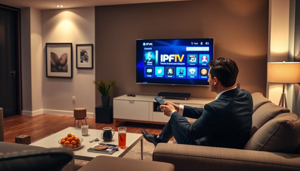 A modern, sleek living room setting featuring a large flat-screen TV displaying a stylized interface of an IPTV stream service branded "IPTVVUK.COM". In the foreground, a person in professional business attire is seated comfortably on a stylish sofa, engaged with a remote control, exuding a sense of focus and enjoyment. The middle ground includes a coffee table with snacks and drinks, creating an inviting atmosphere. The background showcases a well-decorated wall with framed artwork and subtle ambient lighting that casts a warm glow, enhancing the cozy feel of the room. The overall mood should convey convenience, entertainment, and sophistication in choosing the right IPTV service. The scene is captured with a soft-focus lens effect, creating a sense of depth while keeping the main elements in sharp clarity. A modern, sleek living room setting featuring a large flat-screen TV displaying a stylized interface of an IPTV stream service branded "IPTVVUK.COM". In the foreground, a person in professional business attire is seated comfortably on a stylish sofa, engaged with a remote control, exuding a sense of focus and enjoyment. The middle ground includes a coffee table with snacks and drinks, creating an inviting atmosphere. The background showcases a well-decorated wall with framed artwork and subtle ambient lighting that casts a warm glow, enhancing the cozy feel of the room. The overall mood should convey convenience, entertainment, and sophistication in choosing the right IPTV service. The scene is captured with a soft-focus lens effect, creating a sense of depth while keeping the main elements in sharp clarity.