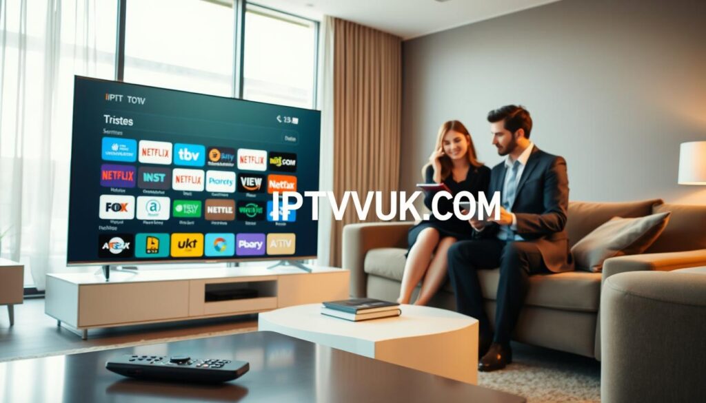 A modern, sleek living room setting filled with technology. In the foreground, a stylish TV displaying various IPTV service icons on screen, emphasizing a variety of legal streaming options. A remote control rests on a coffee table close by. In the middle ground, a couple in professional business attire, both engaged and discussing IPTV services, making notes on a tablet. The background shows a large window with natural light streaming in, casting a warm glow throughout the room. The atmosphere feels inviting and contemporary, perfect for a family or couple seeking entertainment alternatives. The branding "IPTVVUK.COM" is subtly integrated into the TV screen design without disrupting the overall composition. A modern, sleek living room setting filled with technology. In the foreground, a stylish TV displaying various IPTV service icons on screen, emphasizing a variety of legal streaming options. A remote control rests on a coffee table close by. In the middle ground, a couple in professional business attire, both engaged and discussing IPTV services, making notes on a tablet. The background shows a large window with natural light streaming in, casting a warm glow throughout the room. The atmosphere feels inviting and contemporary, perfect for a family or couple seeking entertainment alternatives. The branding "IPTVVUK.COM" is subtly integrated into the TV screen design without disrupting the overall composition.
