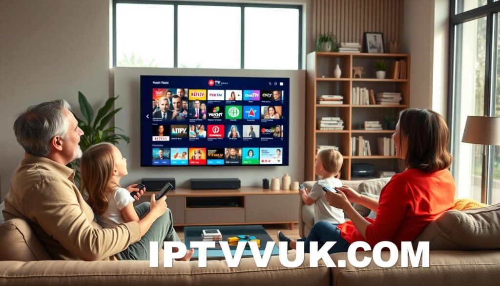 A modern, sleek living room setting with a family of four enjoying streaming content on a large flat-screen TV, depicting the benefits of IPTV services. In the foreground, the family members—two parents in smart casual attire and two children—are laughing and engaged, holding remote controls. The middle ground showcases the TV displaying various channels and a diverse range of programming options, highlighting the variety of content available. In the background, a stylish bookshelf with tech gadgets and decor adds to the contemporary feel. Soft, natural lighting filters through large windows, creating a warm and inviting atmosphere. The overall mood is relaxed and joyful, emphasizing the convenience and entertainment value of IPTV, with the brand name "IPTVVUK.COM" subtly integrated into the decor. A modern, sleek living room setting with a family of four enjoying streaming content on a large flat-screen TV, depicting the benefits of IPTV services. In the foreground, the family members—two parents in smart casual attire and two children—are laughing and engaged, holding remote controls. The middle ground showcases the TV displaying various channels and a diverse range of programming options, highlighting the variety of content available. In the background, a stylish bookshelf with tech gadgets and decor adds to the contemporary feel. Soft, natural lighting filters through large windows, creating a warm and inviting atmosphere. The overall mood is relaxed and joyful, emphasizing the convenience and entertainment value of IPTV, with the brand name "IPTVVUK.COM" subtly integrated into the decor.