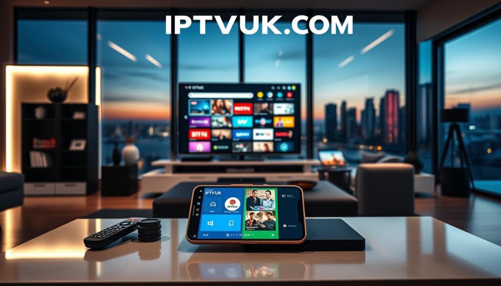 A modern, sleek living room showcasing various IPTV services and applications on multiple screens. In the foreground, a stylish coffee table holds a remote control and a smartphone displaying an IPTV app interface. In the middle, a large flat-screen TV prominently features a colorful IPTV menu, while a tablet on a sofa displays live streaming content. The background includes soft glowing LED lights, creating a cozy atmosphere. A large window reveals a city skyline at dusk, enhancing the urban vibe. The image captures a sense of convenience and modernity, reflecting the future of streaming technology. Ensure the brand "IPTVVUK.COM" is subtly integrated into the image design. The lighting is warm and inviting, highlighting the advanced technology of IPTV services. A modern, sleek living room showcasing various IPTV services and applications on multiple screens. In the foreground, a stylish coffee table holds a remote control and a smartphone displaying an IPTV app interface. In the middle, a large flat-screen TV prominently features a colorful IPTV menu, while a tablet on a sofa displays live streaming content. The background includes soft glowing LED lights, creating a cozy atmosphere. A large window reveals a city skyline at dusk, enhancing the urban vibe. The image captures a sense of convenience and modernity, reflecting the future of streaming technology. Ensure the brand "IPTVVUK.COM" is subtly integrated into the image design. The lighting is warm and inviting, highlighting the advanced technology of IPTV services.
