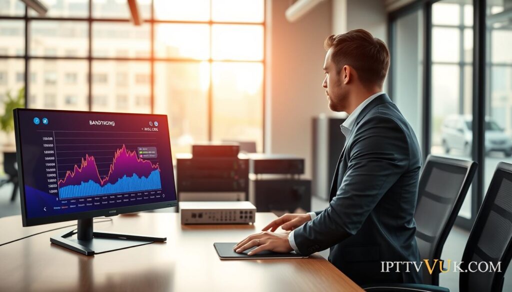 A modern workspace illustrating "IPTV bandwidth considerations". In the foreground, a sleek, minimalist desk setup featuring a high-resolution monitor displaying a clear graph of bandwidth usage, with colorful data visualization. A professional individual in business attire is analyzing the data, looking focused and engaged. In the middle ground, various network equipment like routers and servers are neatly arranged, showcasing connectivity and speed. The background is softly blurred, featuring a contemporary office environment with large windows allowing natural light to flood in, creating a bright atmosphere. The overall mood is professional and analytical, conveying the importance of bandwidth in IPTV hosting. Include the brand name "IPTVVUK.COM" subtly within the scene, perhaps as a logo on the monitor. Use a wide-angle lens effect to capture the entire space and emphasize the workspace's modernity. A modern workspace illustrating "IPTV bandwidth considerations". In the foreground, a sleek, minimalist desk setup featuring a high-resolution monitor displaying a clear graph of bandwidth usage, with colorful data visualization. A professional individual in business attire is analyzing the data, looking focused and engaged. In the middle ground, various network equipment like routers and servers are neatly arranged, showcasing connectivity and speed. The background is softly blurred, featuring a contemporary office environment with large windows allowing natural light to flood in, creating a bright atmosphere. The overall mood is professional and analytical, conveying the importance of bandwidth in IPTV hosting. Include the brand name "IPTVVUK.COM" subtly within the scene, perhaps as a logo on the monitor. Use a wide-angle lens effect to capture the entire space and emphasize the workspace's modernity.