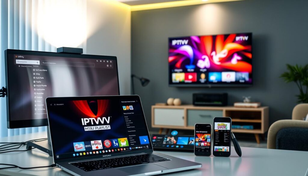 A modern workspace setting featuring a sleek desktop computer displaying a vibrant M3U playlist interface for IPTV streaming. In the foreground, a laptop with IPTVVUK.COM’s logo reflected on the screen. The middle ground showcases a tablet and smartphone streaming live TV channels, highlighting various genres like sports, movies, and news. The background features a cozy living room with a wall-mounted flat-screen TV displaying colorful IPTV graphics, creating an inviting atmosphere. Soft ambient lighting illuminates the scene, giving it a tech-savvy yet relaxed mood. The image captures the essence of online free streaming, emphasizing the accessibility and convenience of IPTV playlists in everyday life. No text or watermarks. A modern workspace setting featuring a sleek desktop computer displaying a vibrant M3U playlist interface for IPTV streaming. In the foreground, a laptop with IPTVVUK.COM’s logo reflected on the screen. The middle ground showcases a tablet and smartphone streaming live TV channels, highlighting various genres like sports, movies, and news. The background features a cozy living room with a wall-mounted flat-screen TV displaying colorful IPTV graphics, creating an inviting atmosphere. Soft ambient lighting illuminates the scene, giving it a tech-savvy yet relaxed mood. The image captures the essence of online free streaming, emphasizing the accessibility and convenience of IPTV playlists in everyday life. No text or watermarks.