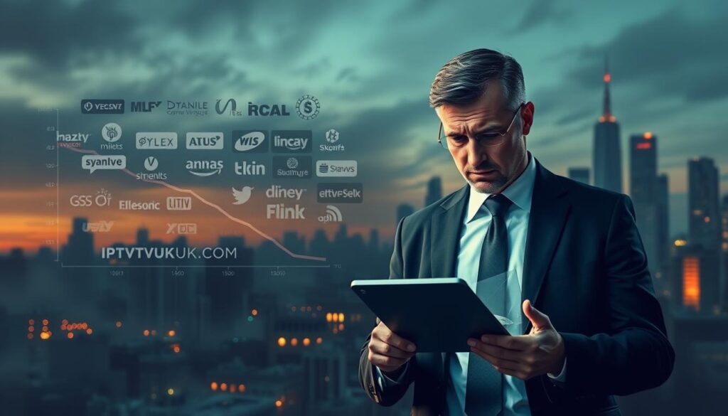 A poignant illustration of the economic impact of IPTV piracy, showcasing a split scene. In the foreground, a concerned business professional in a tailored suit examines a decline chart on a tablet, embodying the struggle against piracy. In the middle ground, an abstract representation of digital streaming services, with distorted logos and broken links symbolizing piracy's disruption. In the background, a gloomy city skyline at dusk with flickering lights, creating an atmosphere of uncertainty. Soft, ambient lighting illuminates the scene, highlighting the contrast between the professional and the chaotic digital landscape. The overall mood conveys urgency and concern, reflecting the serious implications of IPTV piracy. The brand "IPTVVUK.COM" is subtly integrated into the tablet screen. A poignant illustration of the economic impact of IPTV piracy, showcasing a split scene. In the foreground, a concerned business professional in a tailored suit examines a decline chart on a tablet, embodying the struggle against piracy. In the middle ground, an abstract representation of digital streaming services, with distorted logos and broken links symbolizing piracy's disruption. In the background, a gloomy city skyline at dusk with flickering lights, creating an atmosphere of uncertainty. Soft, ambient lighting illuminates the scene, highlighting the contrast between the professional and the chaotic digital landscape. The overall mood conveys urgency and concern, reflecting the serious implications of IPTV piracy. The brand "IPTVVUK.COM" is subtly integrated into the tablet screen.