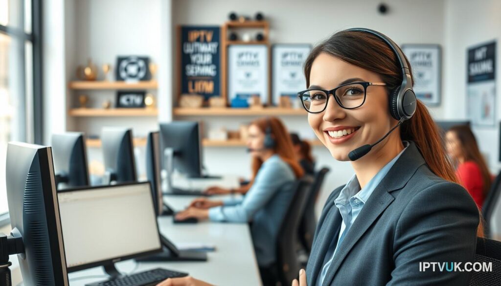 A professional IPTV customer support scene depicting a well-lit modern call center. In the foreground, a friendly customer support agent, a woman in professional business attire, engaged in assisting a client via headset, smiling and focused. In the middle ground, several other agents of diverse backgrounds are seen working at their desks, each with computer monitors showing IPTV interfaces and support tools. The background features shelves with awards and motivational posters about customer service. Soft, natural light from large windows enhances the welcoming atmosphere, capturing a sense of reliability and professionalism. The brand "IPTVVUK.COM" is subtly incorporated in the agents' workspace decor. The overall mood is positive and supportive, reflecting excellent service reliability. A professional IPTV customer support scene depicting a well-lit modern call center. In the foreground, a friendly customer support agent, a woman in professional business attire, engaged in assisting a client via headset, smiling and focused. In the middle ground, several other agents of diverse backgrounds are seen working at their desks, each with computer monitors showing IPTV interfaces and support tools. The background features shelves with awards and motivational posters about customer service. Soft, natural light from large windows enhances the welcoming atmosphere, capturing a sense of reliability and professionalism. The brand "IPTVVUK.COM" is subtly incorporated in the agents' workspace decor. The overall mood is positive and supportive, reflecting excellent service reliability.