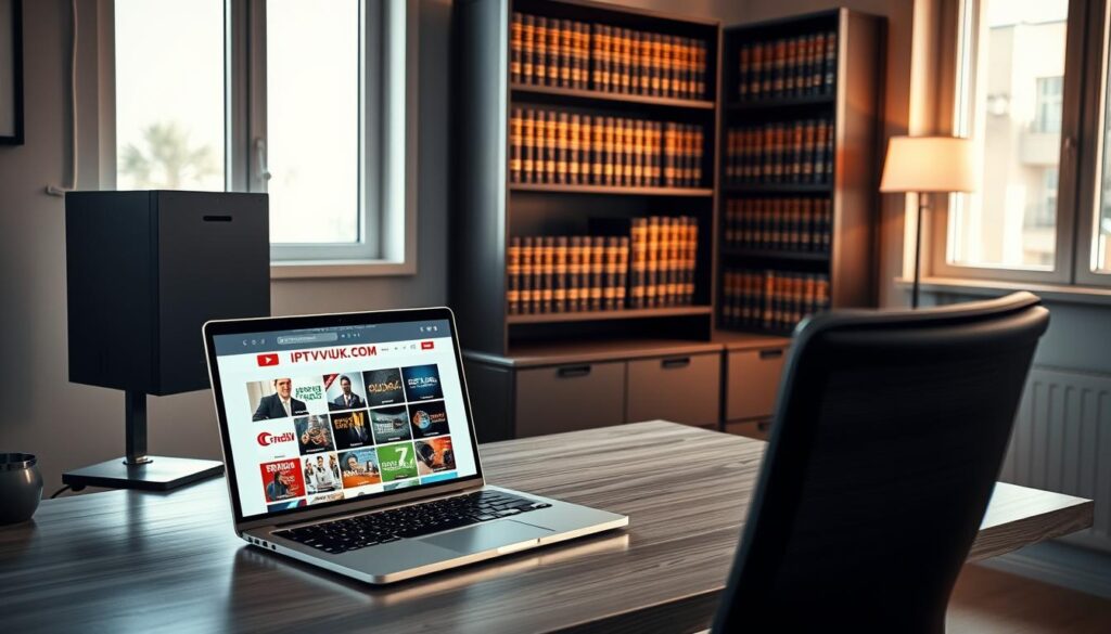 A professional and inviting workspace designed for IPTV users, showcasing a sleek modern desk with a stylish computer setup displaying a streaming interface. In the foreground, a laptop is open with the IPTVVUK.COM website visible, featuring an array of popular IPTV channels. The middle ground includes a well-organized shelf filled with legal books on media and telecommunications, symbolizing the legal considerations of IPTV usage. In the background, a window allows natural light to filter in, casting a warm glow throughout the room, creating an atmosphere of comfort and professionalism. The scene is captured with a slight overhead angle to emphasize the workspace and its contents, all while maintaining a clean and clutter-free aesthetic. A professional and inviting workspace designed for IPTV users, showcasing a sleek modern desk with a stylish computer setup displaying a streaming interface. In the foreground, a laptop is open with the IPTVVUK.COM website visible, featuring an array of popular IPTV channels. The middle ground includes a well-organized shelf filled with legal books on media and telecommunications, symbolizing the legal considerations of IPTV usage. In the background, a window allows natural light to filter in, casting a warm glow throughout the room, creating an atmosphere of comfort and professionalism. The scene is captured with a slight overhead angle to emphasize the workspace and its contents, all while maintaining a clean and clutter-free aesthetic.