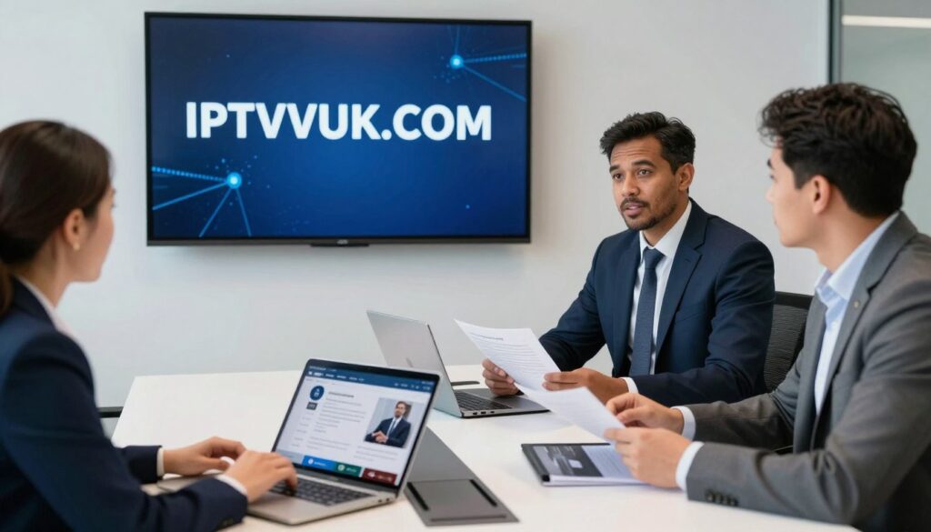 A professional and modern office setting, featuring a diverse group of three individuals (two men and one woman) engaged in a discussion about IPTV legality. The foreground showcases a sleek conference table with various digital devices like tablets and laptops displaying a secure streaming interface. In the middle, the professionals are dressed in smart business attire, holding documents and sharing insights about legal considerations for IPTV usage. The background includes a large screen displaying the logo "IPTVVUK.COM" along with abstract visual elements representing digital content and connectivity. Bright, balanced lighting illuminates the scene, creating a focused, cooperative atmosphere. The angle captures a slightly elevated view, encompassing the entire dynamic interaction while maintaining an air of professionalism and seriousness about the legal implications of IPTV streaming. A professional and modern office setting, featuring a diverse group of three individuals (two men and one woman) engaged in a discussion about IPTV legality. The foreground showcases a sleek conference table with various digital devices like tablets and laptops displaying a secure streaming interface. In the middle, the professionals are dressed in smart business attire, holding documents and sharing insights about legal considerations for IPTV usage. The background includes a large screen displaying the logo "IPTVVUK.COM" along with abstract visual elements representing digital content and connectivity. Bright, balanced lighting illuminates the scene, creating a focused, cooperative atmosphere. The angle captures a slightly elevated view, encompassing the entire dynamic interaction while maintaining an air of professionalism and seriousness about the legal implications of IPTV streaming.