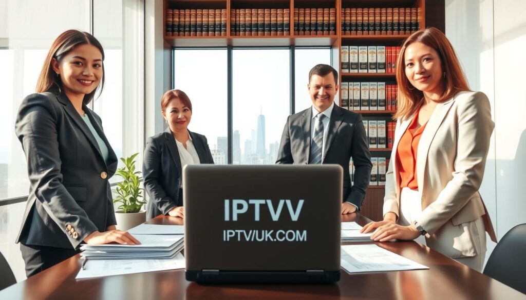 A professional business meeting scene depicting legal considerations for IPTV in the United States. In the foreground, a diverse group of three business professionals—one woman in a sharp blazer, one man in a suit, and another woman in smart casual clothing—gather around a table covered with legal documents and a laptop displaying the logo "IPTVVUK.COM." In the middle, a large window reveals a city skyline, suggesting a modern corporate environment. The background features shelves lined with legal books and licenses, creating an authoritative atmosphere. The lighting is bright and natural, with sunlight casting soft shadows, enhancing the serious yet focused mood of the scene. The angle captures the collaborative spirit, emphasizing discussion and analysis of legal frameworks for IPTV services. A professional business meeting scene depicting legal considerations for IPTV in the United States. In the foreground, a diverse group of three business professionals—one woman in a sharp blazer, one man in a suit, and another woman in smart casual clothing—gather around a table covered with legal documents and a laptop displaying the logo "IPTVVUK.COM." In the middle, a large window reveals a city skyline, suggesting a modern corporate environment. The background features shelves lined with legal books and licenses, creating an authoritative atmosphere. The lighting is bright and natural, with sunlight casting soft shadows, enhancing the serious yet focused mood of the scene. The angle captures the collaborative spirit, emphasizing discussion and analysis of legal frameworks for IPTV services.