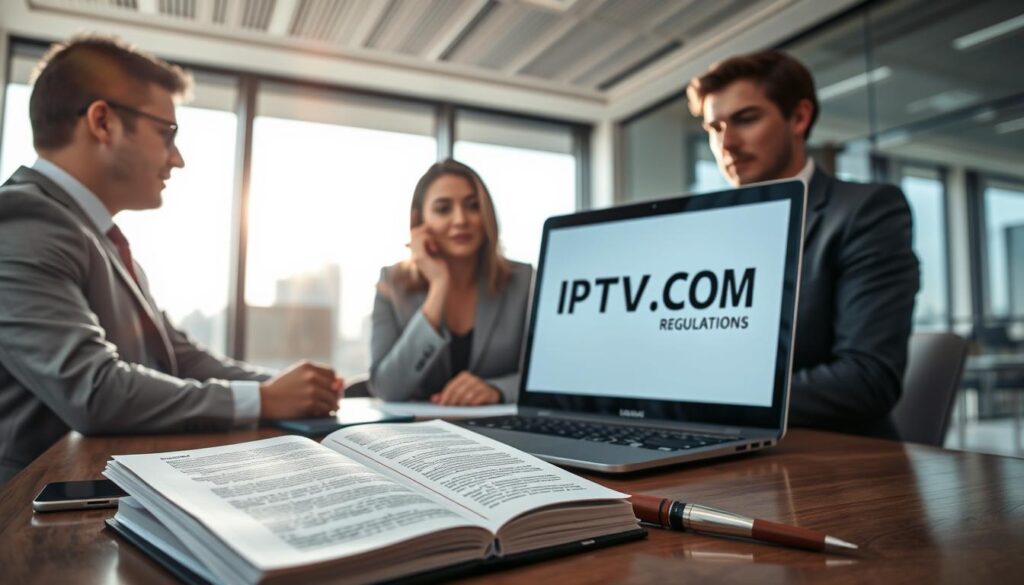 A professional business setting depicting the legal considerations of IPTV services. In the foreground, a diverse group of three professionals in smart business attire, engaged in a serious discussion around a conference table with documents and a laptop displaying IPTVVUK.COM on the screen. The middle ground features a detailed legal book titled "IPTV Regulations" and a notepad filled with notes and highlighted sections. The background shows a modern office with a large window revealing a cityscape, sunlight streaming in to create a bright and focused atmosphere. The lens should have a slight depth of field, emphasizing the professionals while softening the background. The mood is serious yet collaborative, reflecting the importance of legal compliance in choosing an IPTV provider. A professional business setting depicting the legal considerations of IPTV services. In the foreground, a diverse group of three professionals in smart business attire, engaged in a serious discussion around a conference table with documents and a laptop displaying IPTVVUK.COM on the screen. The middle ground features a detailed legal book titled "IPTV Regulations" and a notepad filled with notes and highlighted sections. The background shows a modern office with a large window revealing a cityscape, sunlight streaming in to create a bright and focused atmosphere. The lens should have a slight depth of field, emphasizing the professionals while softening the background. The mood is serious yet collaborative, reflecting the importance of legal compliance in choosing an IPTV provider.