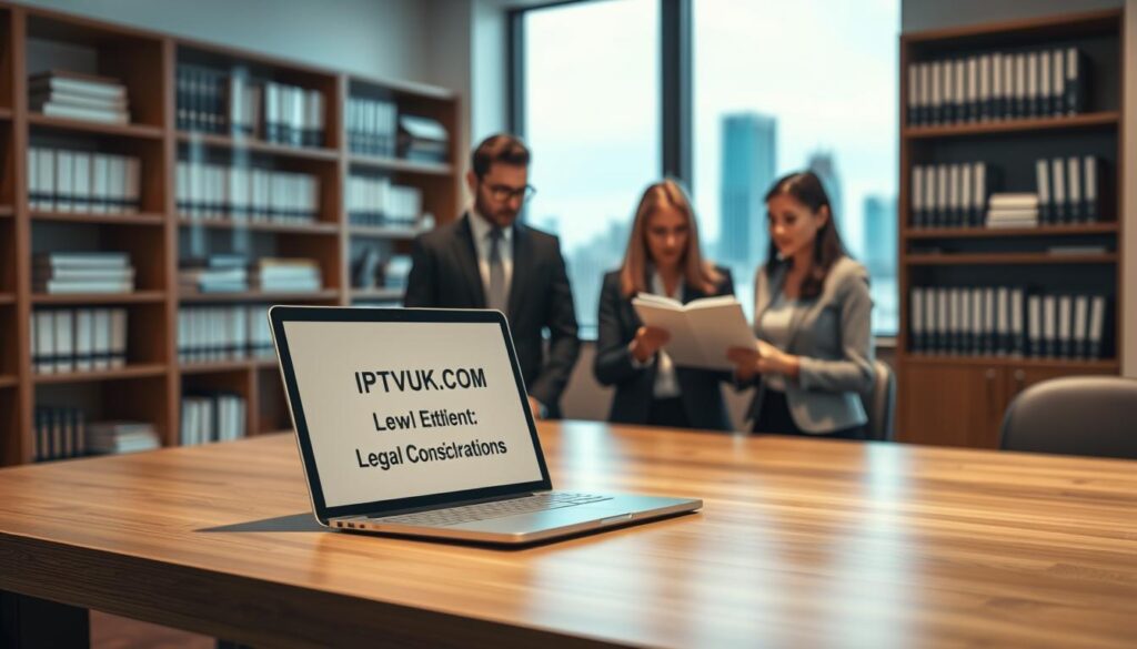 A professional office setting, focusing on a sleek wooden desk with a laptop displaying a legal document titled "IPTVVUK.COM: Legal Considerations." In the foreground, a diverse group of three professionals in business attire, engaged in a serious discussion, examining the document. Soft, diffused lighting illuminates the scene, creating a calm yet focused atmosphere. In the middle ground, shelves filled with law books and technology guides underscore the theme of legal compliance in IPTV usage. In the background, a window reveals a city skyline, hinting at the broader implications of entertainment law. The image conveys a sense of diligence and responsibility in navigating legal considerations related to streaming services. A professional office setting, focusing on a sleek wooden desk with a laptop displaying a legal document titled "IPTVVUK.COM: Legal Considerations." In the foreground, a diverse group of three professionals in business attire, engaged in a serious discussion, examining the document. Soft, diffused lighting illuminates the scene, creating a calm yet focused atmosphere. In the middle ground, shelves filled with law books and technology guides underscore the theme of legal compliance in IPTV usage. In the background, a window reveals a city skyline, hinting at the broader implications of entertainment law. The image conveys a sense of diligence and responsibility in navigating legal considerations related to streaming services.