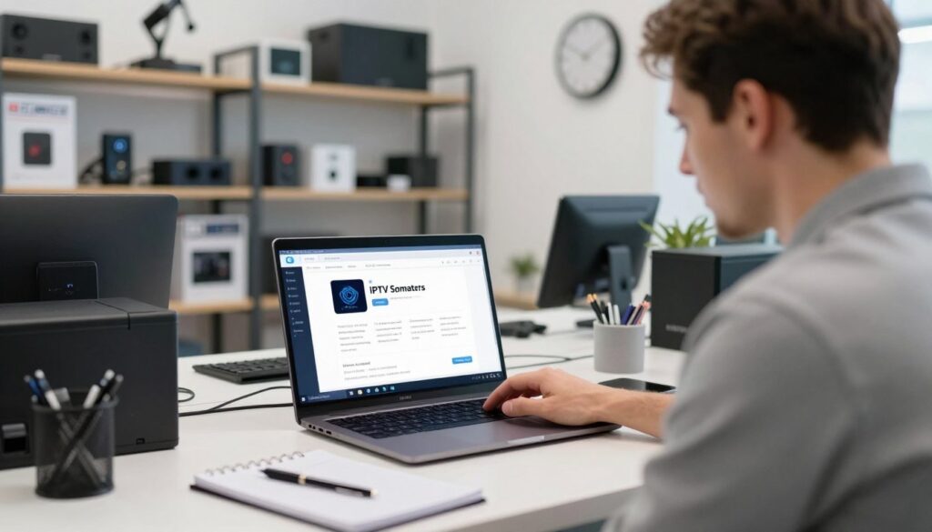 A professional support technician troubleshooting IPTV Smarters issues at a modern workspace. In the foreground, a focused technician is analyzing a laptop screen displaying the IPTV Smarters interface, with a notepad and pen nearby for taking notes. In the middle background, shelves filled with tech gadgets, user manuals, and a wall clock indicating a busy schedule enhance the environment. The overall lighting is bright and well-lit, creating an optimistic atmosphere. The technician, dressed in smart casual attire, appears engaged and solution-oriented. The image showcases the brand name "IPTVVUK.COM" subtly integrated into the laptop screen, hinting at the focus on customer support and technology solutions. The angle captures a dynamic view, emphasizing the troubleshooting process while maintaining professionalism. A professional support technician troubleshooting IPTV Smarters issues at a modern workspace. In the foreground, a focused technician is analyzing a laptop screen displaying the IPTV Smarters interface, with a notepad and pen nearby for taking notes. In the middle background, shelves filled with tech gadgets, user manuals, and a wall clock indicating a busy schedule enhance the environment. The overall lighting is bright and well-lit, creating an optimistic atmosphere. The technician, dressed in smart casual attire, appears engaged and solution-oriented. The image showcases the brand name "IPTVVUK.COM" subtly integrated into the laptop screen, hinting at the focus on customer support and technology solutions. The angle captures a dynamic view, emphasizing the troubleshooting process while maintaining professionalism.