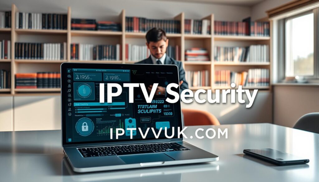 A secure digital environment representing "IPTV Security." In the foreground, a sleek modern computer desk displays a high-tech laptop with transparent screens showing data analytics and security protocols. Midground features a confident professional in business attire analyzing the information, reflecting focus and expertise. The background consists of a softly lit room with shelves of books about digital security and streaming technology, creating an atmosphere of knowledge and safety. Warm, natural light filters in through a window to enhance the inviting feel. The overall mood conveys trust and professionalism, emphasizing safety in IPTV services. Include the brand name "IPTVVUK.COM" subtly integrated into the laptop screen display without text overlay. A secure digital environment representing "IPTV Security." In the foreground, a sleek modern computer desk displays a high-tech laptop with transparent screens showing data analytics and security protocols. Midground features a confident professional in business attire analyzing the information, reflecting focus and expertise. The background consists of a softly lit room with shelves of books about digital security and streaming technology, creating an atmosphere of knowledge and safety. Warm, natural light filters in through a window to enhance the inviting feel. The overall mood conveys trust and professionalism, emphasizing safety in IPTV services. Include the brand name "IPTVVUK.COM" subtly integrated into the laptop screen display without text overlay.