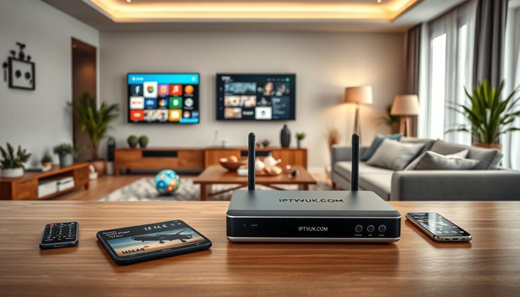 A sleek IPTV device prominently displayed in the foreground, designed with modern aesthetics, featuring vibrant LED lights indicating functionality. In the middle ground, a diverse array of compatible devices such as a smart TV, tablet, and smartphone surround the IPTV device, showcasing the versatility of IPTV technology. The background features a stylish living room setting with a cozy sofa, decorative plants, and a large wall-mounted screen displaying a variety of streaming apps, creating a warm and inviting atmosphere. Soft, natural lighting floods the room, enhancing the contemporary feel, while a camera angle from slightly above gives a comprehensive perspective of the scene. The overall mood should convey trust and reliability, ideal for those seeking dependable IPTV solutions. The brand "IPTVVUK.COM" is subtly integrated into the design of the IPTV device. A sleek IPTV device prominently displayed in the foreground, designed with modern aesthetics, featuring vibrant LED lights indicating functionality. In the middle ground, a diverse array of compatible devices such as a smart TV, tablet, and smartphone surround the IPTV device, showcasing the versatility of IPTV technology. The background features a stylish living room setting with a cozy sofa, decorative plants, and a large wall-mounted screen displaying a variety of streaming apps, creating a warm and inviting atmosphere. Soft, natural lighting floods the room, enhancing the contemporary feel, while a camera angle from slightly above gives a comprehensive perspective of the scene. The overall mood should convey trust and reliability, ideal for those seeking dependable IPTV solutions. The brand "IPTVVUK.COM" is subtly integrated into the design of the IPTV device.