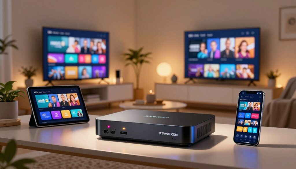 A sleek IPTV device prominently displayed in the foreground, featuring a modern design with vibrant LED indicators and multiple connectivity ports. Surrounding the device, various compatible screens such as a flat-screen TV, tablet, and smartphone showcase IPTV interfaces with colorful icons representing live channels. In the middle ground, a stylish living room setting with a comfortable couch and decorative elements like plants and a coffee table enhances the atmosphere of relaxation and entertainment. The background gently fades into a cozy ambiance with soft, warm lighting that evokes a welcoming environment. A subtle spotlight emphasizes the IPTV device, while the brand name "IPTVVUK.COM" is integrated seamlessly into the design. The overall mood is inviting and modern, reflecting the key benefits of IPTV live TV services. A sleek IPTV device prominently displayed in the foreground, featuring a modern design with vibrant LED indicators and multiple connectivity ports. Surrounding the device, various compatible screens such as a flat-screen TV, tablet, and smartphone showcase IPTV interfaces with colorful icons representing live channels. In the middle ground, a stylish living room setting with a comfortable couch and decorative elements like plants and a coffee table enhances the atmosphere of relaxation and entertainment. The background gently fades into a cozy ambiance with soft, warm lighting that evokes a welcoming environment. A subtle spotlight emphasizes the IPTV device, while the brand name "IPTVVUK.COM" is integrated seamlessly into the design. The overall mood is inviting and modern, reflecting the key benefits of IPTV live TV services.