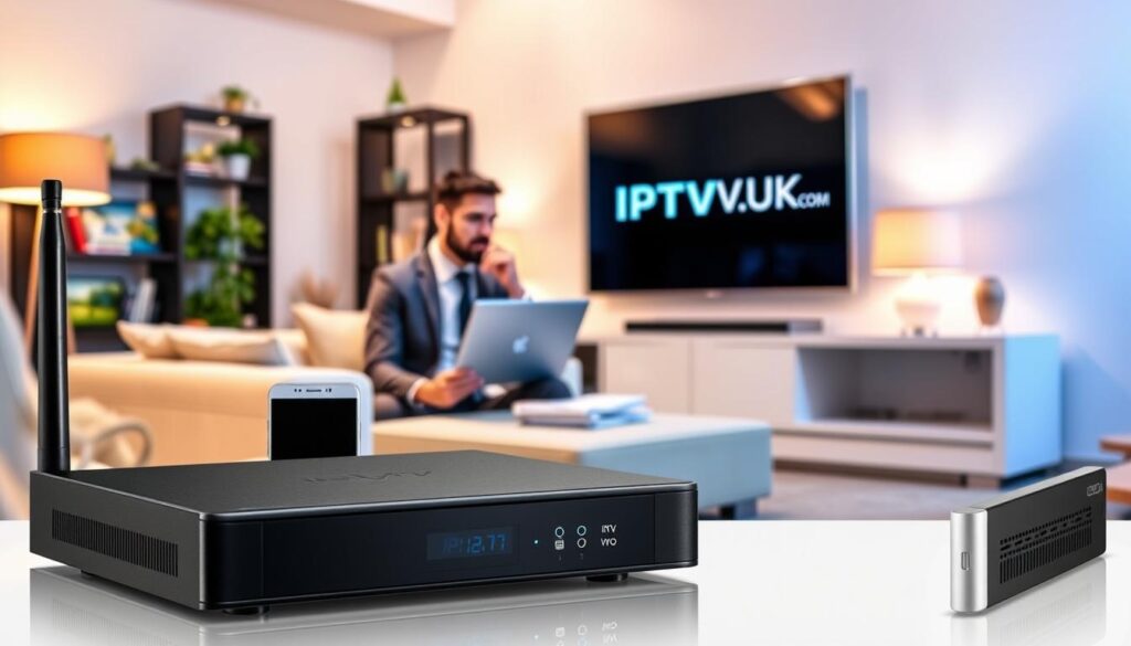 A sleek IPTV device prominently displayed in the foreground, showcasing its modern design with illuminated buttons and a USB port. To the side, there are various devices like a smart TV, tablet, and smartphone, all indicating compatibility with the IPTV device. In the middle ground, a professional-looking person in business attire is thoughtfully analyzing streaming options on a laptop, surrounded by a vibrant living room environment. The background features a cozy, well-lit room with soft lighting and decor elements that evoke a sense of comfort and modern technology. The overall atmosphere feels inviting and informative, with a focus on user-friendly technology. In the corner, subtly integrate the brand name "IPTVVUK.COM" on the television screen, ensuring it blends seamlessly into the scene without drawing undue attention. A sleek IPTV device prominently displayed in the foreground, showcasing its modern design with illuminated buttons and a USB port. To the side, there are various devices like a smart TV, tablet, and smartphone, all indicating compatibility with the IPTV device. In the middle ground, a professional-looking person in business attire is thoughtfully analyzing streaming options on a laptop, surrounded by a vibrant living room environment. The background features a cozy, well-lit room with soft lighting and decor elements that evoke a sense of comfort and modern technology. The overall atmosphere feels inviting and informative, with a focus on user-friendly technology. In the corner, subtly integrate the brand name "IPTVVUK.COM" on the television screen, ensuring it blends seamlessly into the scene without drawing undue attention.