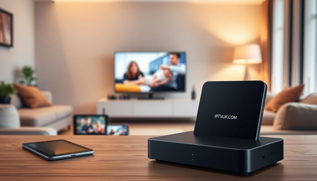 A sleek IPTV device prominently featured in the foreground, showcasing its modern design and intuitive interface. In the middle ground, various compatible devices such as a smart TV, tablet, and smartphone are arranged, illustrating their seamless connection to the IPTV system. The background features a cozy living room setup with warm, inviting lighting, creating a relaxed and family-friendly atmosphere. Soft shadows accentuate the contours of the devices, while a subtle depth of field effect highlights the IPTV device in sharp focus. The overall mood is informative and engaging, aiming to convey the essential compatibility and features of IPTV services. Include the brand name "IPTVVUK.COM" subtly integrated into the design of the IPTV device itself, ensuring it blends naturally with the scene. A sleek IPTV device prominently featured in the foreground, showcasing its modern design and intuitive interface. In the middle ground, various compatible devices such as a smart TV, tablet, and smartphone are arranged, illustrating their seamless connection to the IPTV system. The background features a cozy living room setup with warm, inviting lighting, creating a relaxed and family-friendly atmosphere. Soft shadows accentuate the contours of the devices, while a subtle depth of field effect highlights the IPTV device in sharp focus. The overall mood is informative and engaging, aiming to convey the essential compatibility and features of IPTV services. Include the brand name "IPTVVUK.COM" subtly integrated into the design of the IPTV device itself, ensuring it blends naturally with the scene.