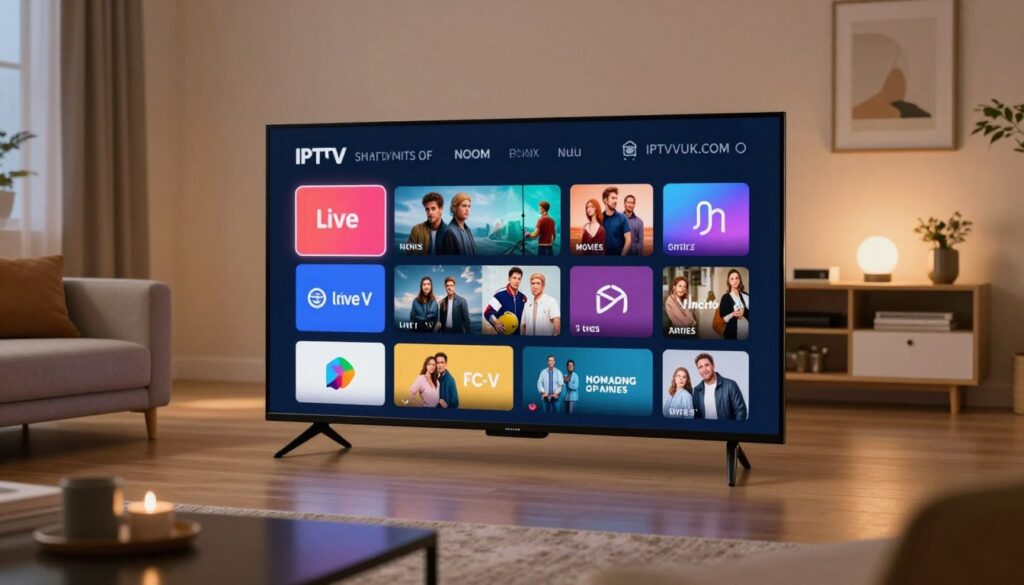 A sleek and modern IPTV Smarters interface displayed on a high-resolution smart TV screen, centered in a stylish living room setting. The foreground showcases the television with vibrant, colorful app icons for live TV, movies, and series arranged in a user-friendly grid layout. In the middle, the cozy living room features a contemporary sofa and ambient lighting that creates a warm atmosphere, inviting viewers to explore the content. The background highlights a neatly organized entertainment center, enhancing the tech-savvy environment. Soft, diffused lighting illuminates the scene, mimicking an evening setting, conveying a feeling of relaxation and comfort. Incorporate the brand name "IPTVVUK.COM" subtly within the interface design. The angle should focus on the screen to emphasize the intuitive navigation of the IPTV Smarters interface. A sleek and modern IPTV Smarters interface displayed on a high-resolution smart TV screen, centered in a stylish living room setting. The foreground showcases the television with vibrant, colorful app icons for live TV, movies, and series arranged in a user-friendly grid layout. In the middle, the cozy living room features a contemporary sofa and ambient lighting that creates a warm atmosphere, inviting viewers to explore the content. The background highlights a neatly organized entertainment center, enhancing the tech-savvy environment. Soft, diffused lighting illuminates the scene, mimicking an evening setting, conveying a feeling of relaxation and comfort. Incorporate the brand name "IPTVVUK.COM" subtly within the interface design. The angle should focus on the screen to emphasize the intuitive navigation of the IPTV Smarters interface.